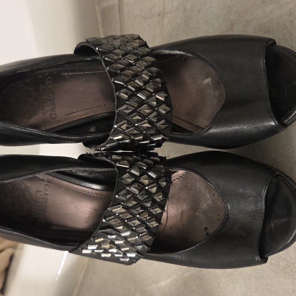 Vince Camuto Black Peep-Toe Heels with Silver Accents
